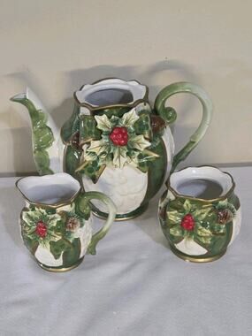 Christmas Opulence Holly Hand Painted Teapot, Creamer & Sugar Bowl set No Lids
